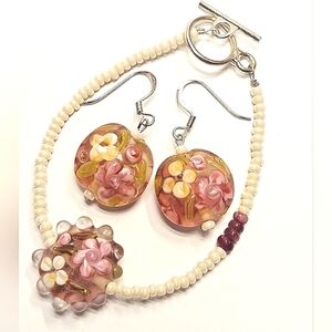 Flower Lampwork Beaded Bracelet and Earrings Set